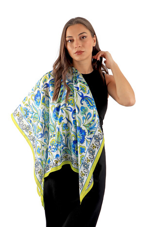 Acid Green Floral Pattern Voile Silk Square Scarf - Thumbnail