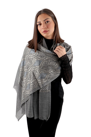 Anthracite Blue Suzani Embroidered Wool Silk Shawl - Thumbnail