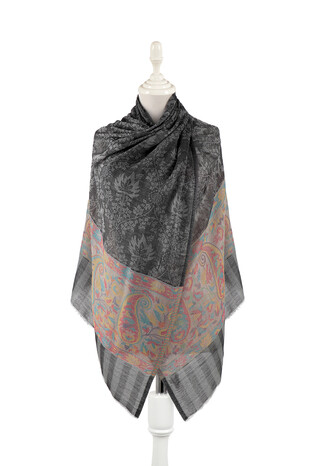 Anthracite Border Patterned Wool Shawl - Thumbnail