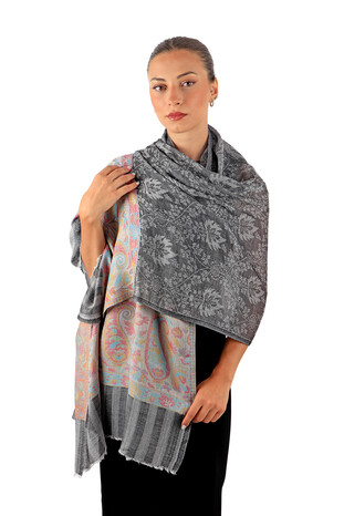 Anthracite Border Patterned Wool Shawl - Thumbnail