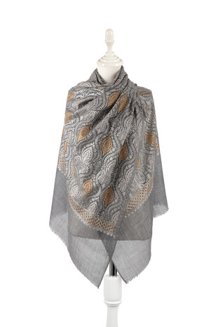 Anthracite Brown Suzani Embroidered Wool Silk Shawl - Thumbnail