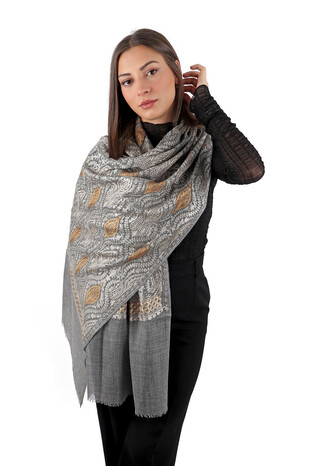 Anthracite Brown Suzani Embroidered Wool Silk Shawl - Thumbnail