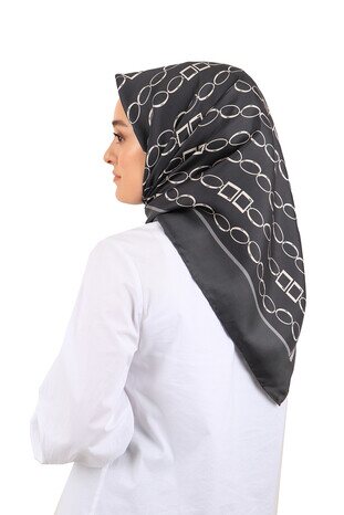 Anthracite Chain Pattern Twill Silk Square Scarf - Thumbnail