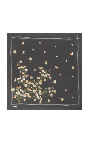 Anthracite Daisy Pattern Twill Silk Square Scarf - Thumbnail