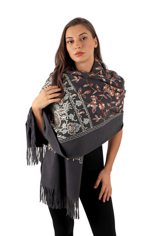 Anthracite Embroidered Winter Shawl - Thumbnail