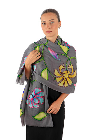 Anthracite Handcrafted Embossed Pattern Wool Silk Shawl - Thumbnail