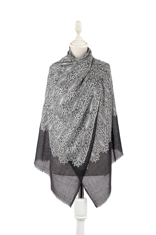 Anthracite Paisley Patterned Wool Silk Shawl - Thumbnail