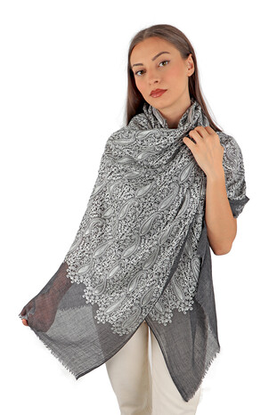 Anthracite Paisley Patterned Wool Silk Shawl - Thumbnail