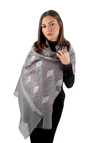 Anthracite Purple Suzani Embroidered Wool Silk Shawl - Thumbnail