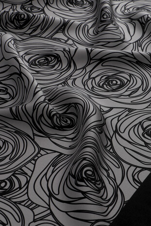 Anthracite Rosa Pattern Twill Silk Scarf - Thumbnail