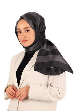 Anthracite Stripe Pattern Twill Silk Scarf - Thumbnail