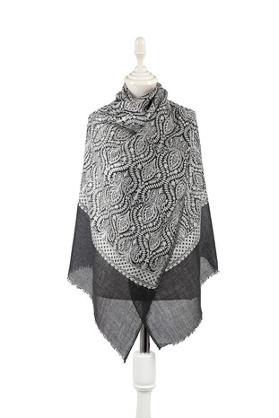 Anthracite White Suzani Embroidered Wool Silk Shawl - Thumbnail