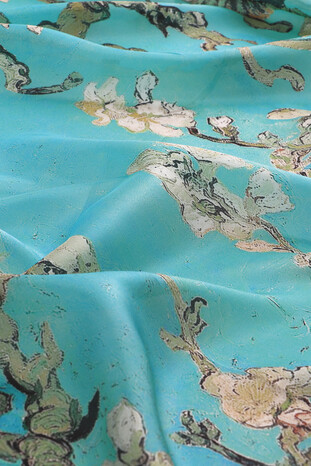 Aqua Green Almond Blossom Pattern Voile Silk Scarf - Thumbnail