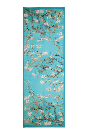 Aqua Green Almond Blossom Pattern Voile Silk Scarf - Thumbnail