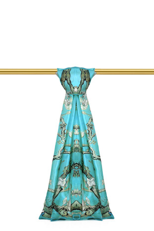 Aqua Green Almond Blossom Pattern Voile Silk Scarf - Thumbnail