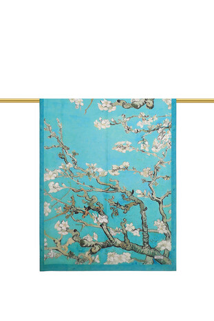 Aqua Green Almond Blossom Pattern Voile Silk Scarf - Thumbnail