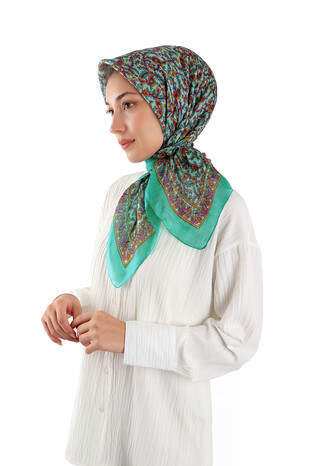 Aqua Green Patterned Indian Silk Square Scarf - Thumbnail