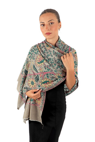 Ash Gray Jacquard Patterned Wool Shawl - Thumbnail