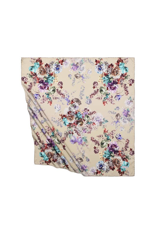 Beige Begonia Pattern Silky Square Scarf 