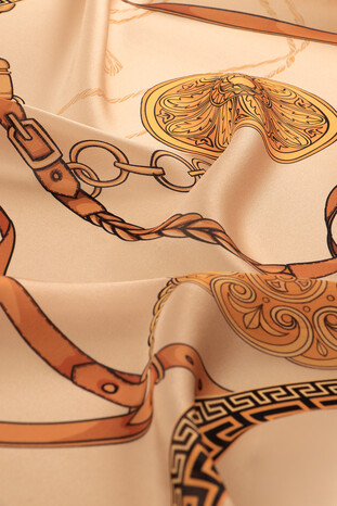 Beige Belt Pattern Sura Silk Scarf - Thumbnail