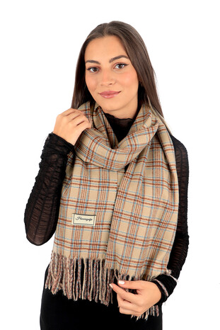 Beige Blue Plaid Pattern Winter Shawl - Thumbnail