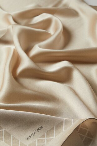 Beige Border Waterline Silk Square Scarf - Thumbnail