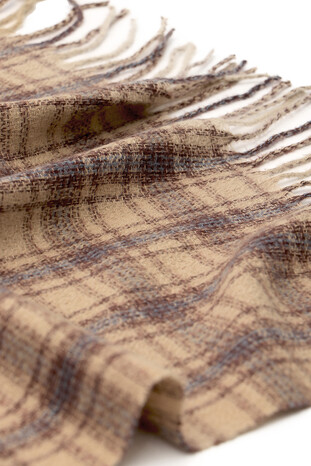 Beige Brown Plaid Pattern Winter Shawl - Thumbnail