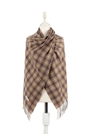 Beige Brown Plaid Pattern Winter Shawl - Thumbnail