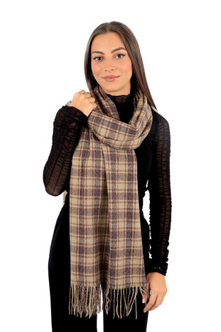 Beige Brown Plaid Pattern Winter Shawl - Thumbnail