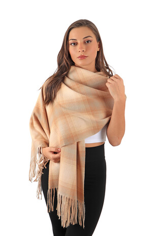 Beige Camel Patterned Winter Shawl - Thumbnail