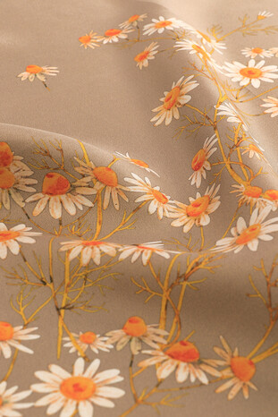 Beige Daisy Pattern Twill Silk Square Scarf - Thumbnail