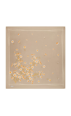 Beige Daisy Pattern Twill Silk Square Scarf - Thumbnail