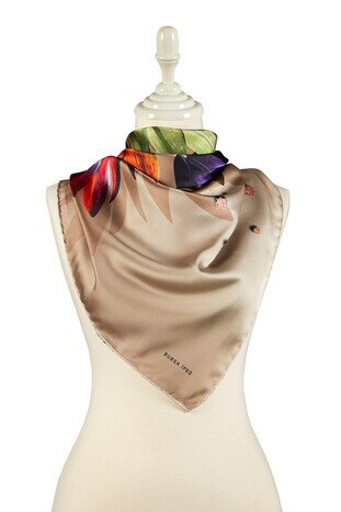 Beige Diamond Pattern Silky Square Scarf - Thumbnail