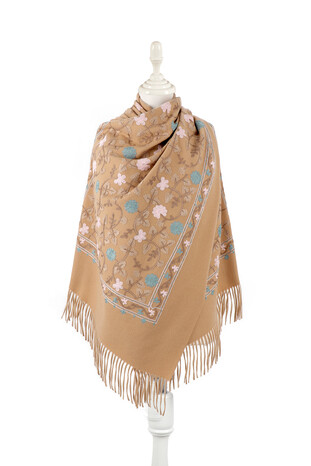 Beige Embroidered Winter Shawl - Thumbnail