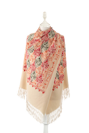 Beige Embroidered Winter Shawl - Thumbnail