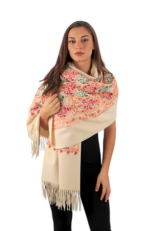 Beige Embroidered Winter Shawl - Thumbnail