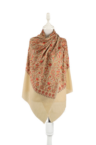 Beige Embroidered Wool Silk Shawl - Thumbnail