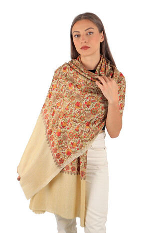 Beige Embroidered Wool Silk Shawl - Thumbnail