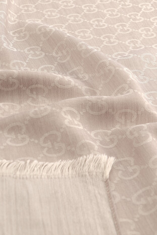 Beige G Pattern Wool Silk Scarf - Thumbnail