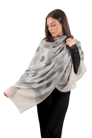 Beige Gray Suzani Embroidered Wool Silk Shawl - Thumbnail