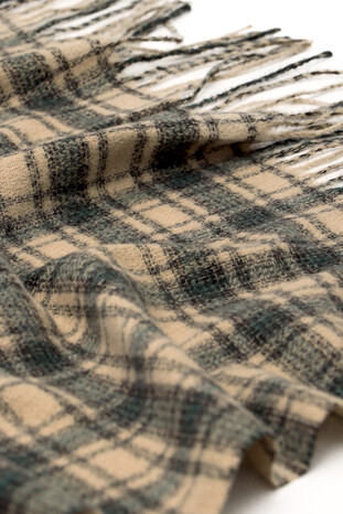 Beige Green Plaid Pattern Winter Shawl - Thumbnail