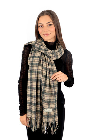 Beige Green Plaid Pattern Winter Shawl - Thumbnail