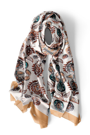 Beige Iznik Pattern Narrow Silk Foulard - Thumbnail