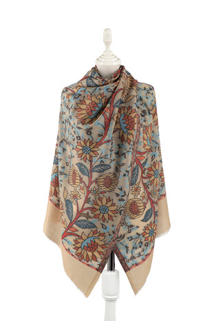 Beige Jacquard Patterned Wool Shawl - Thumbnail