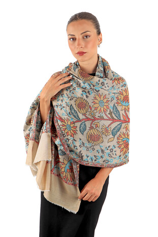 Beige Jacquard Patterned Wool Shawl - Thumbnail