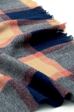 Beige Navy Blue Plaid Pattern Winter Shawl - Thumbnail