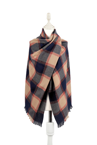 Beige Navy Blue Plaid Pattern Winter Shawl - Thumbnail