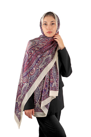 Beige Nile Pattern Sura Silk Scarf - Thumbnail