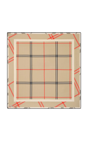 Beige Plaid Pattern Twill Silk Square Scarf - Thumbnail