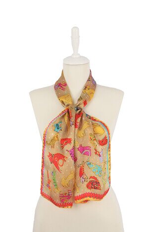 Beige Red Patterned Silk Foulard - Thumbnail